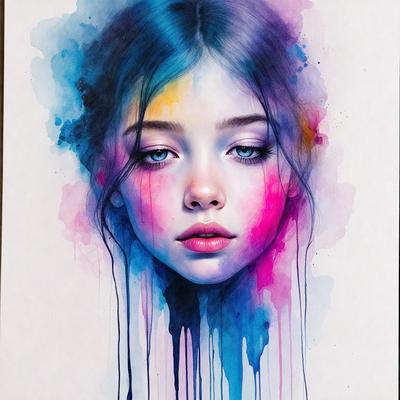 The primary subject of the image is a woman's face, which is the main focus of the image. The setting is a colorful background, which adds to the overall atmosphere of the image. The visual style is a combination of digital art and illustration, creating a unique and artistic representation of the woman's face. The colors and mood of the image are vibrant and lively, with a mix of blue, pink, and yellow hues that evoke a sense of energy and creativity.